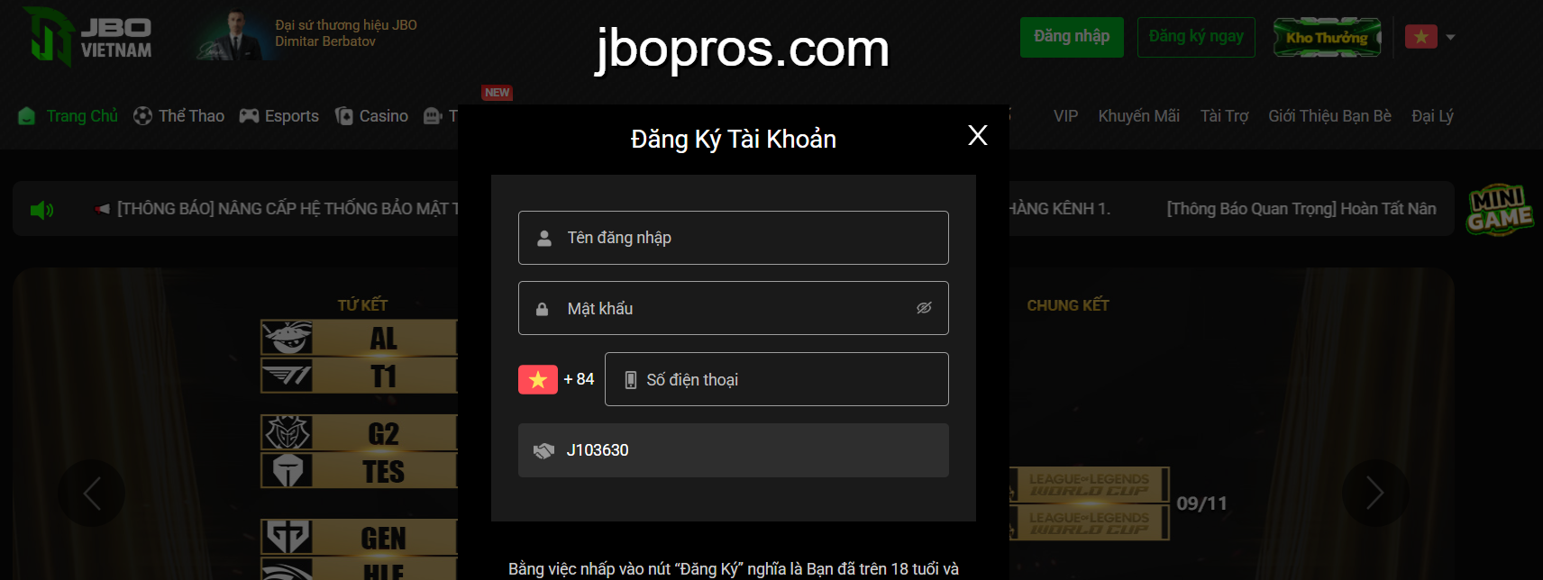 Đăng ký tài khoản tại JBO